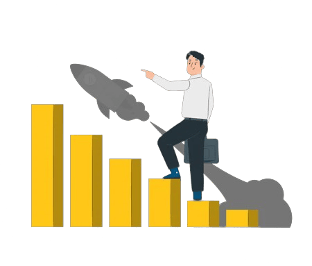 A businessman moving up with a rocket launching into space, representing the upward trajectory achieved through effective enterprise value and exit strategy implementation of Fiscal Ally.